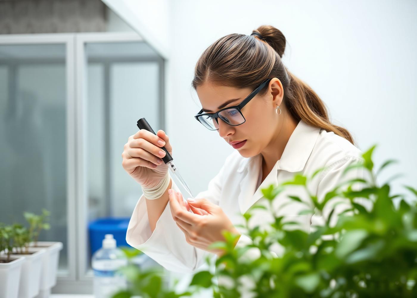 Cientista analisando amostra de tecido vegetal em laboratório